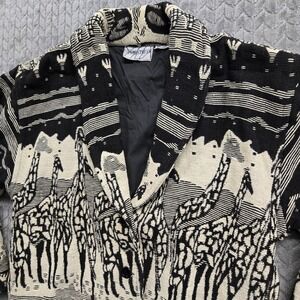 Vintage Tapestry Blazer Art To Wear African‎ Safari Giraffe Silver Stream M/L